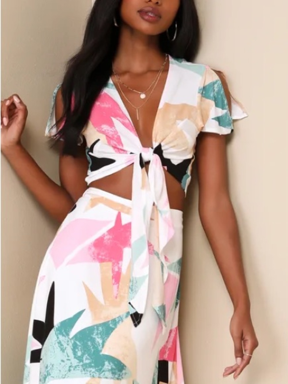 Lulu's | Abstract Tie Front Cropped Top - Teal and Pink - Resort Beach